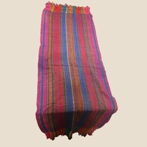 Vintage Handwoven Multi Color Striped Fringed Textile Runner Boho Folk Art